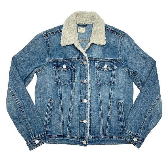 Gap Jean Jacket Women’s Size Medium‎ Sherpa Lined Collar Denim Button Front - Picture 1 of 10